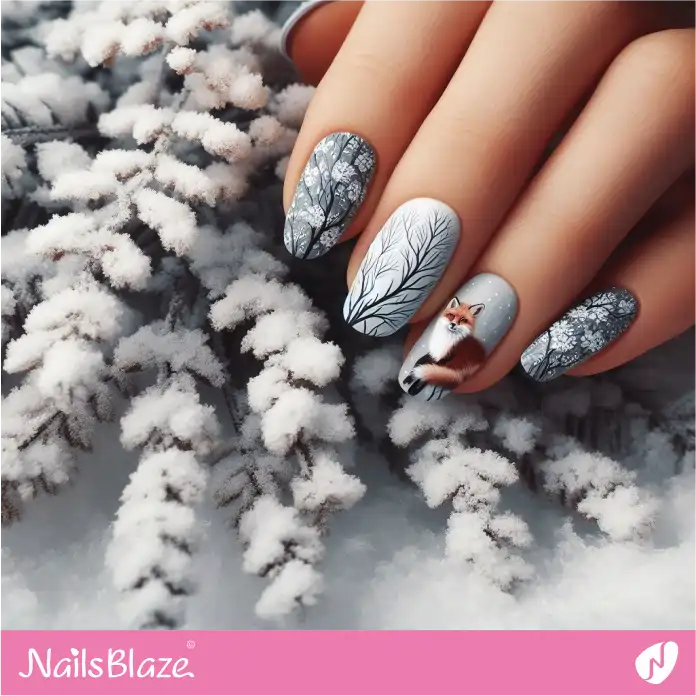 Arctic Fox in a Forest Nail Design | Polar Wonders Nails - NB3139